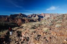 Beth Marek hiking down the South Kaibab trail, backpacking the Grand Canyon with Beth, Thursday, January 1, 2009.

Filename: SRM_20090101_15213675.jpg
Aperture: f/11.0
Shutter Speed: 1/80
Body: Canon EOS-1D Mark II
Lens: Canon EF 16-35mm f/2.8 L