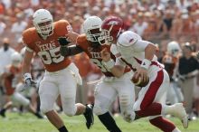 The University of Texas football team defeated the Arkansas Razorbacks with a score of 52-10 in Austin, TX on Saturday, September 27, 2008.

Filename: SRM_20080927_15440408.jpg
Aperture: f/5.6
Shutter Speed: 1/1250
Body: Canon EOS-1D Mark II
Lens: Canon EF 300mm f/2.8 L IS