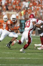 The University of Texas football team defeated the Arkansas Razorbacks with a score of 52-10 in Austin, TX on Saturday, September 27, 2008.

Filename: SRM_20080927_16341200.jpg
Aperture: f/5.0
Shutter Speed: 1/2000
Body: Canon EOS-1D Mark II
Lens: Canon EF 300mm f/2.8 L IS