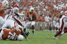 The University of Texas football team defeated the Arkansas Razorbacks with a score of 52-10 in Austin, TX on Saturday, September 27, 2008.

Filename: SRM_20080927_17342850.jpg
Aperture: f/5.0
Shutter Speed: 1/1000
Body: Canon EOS-1D Mark II
Lens: Canon EF 300mm f/2.8 L IS