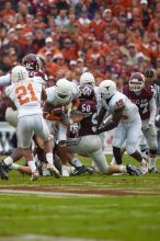 The University of Texas, Austin played Texas A&M in football at Kyle Field, College Station, on November 23, 2007.  UT lost to the Aggies, 30 to 38.

Filename: SRM_20071123_1559020.jpg
Aperture: f/5.6
Shutter Speed: 1/640
Body: Canon EOS-1D Mark II
Lens: Canon EF 300mm f/2.8 L IS