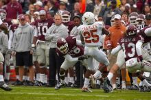 The University of Texas, Austin played Texas A&M in football at Kyle Field, College Station, on November 23, 2007.  UT lost to the Aggies, 30 to 38.

Filename: SRM_20071123_1602249.jpg
Aperture: f/5.6
Shutter Speed: 1/800
Body: Canon EOS-1D Mark II
Lens: Canon EF 300mm f/2.8 L IS