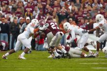 The University of Texas, Austin played Texas A&M in football at Kyle Field, College Station, on November 23, 2007.  UT lost to the Aggies, 30 to 38.

Filename: SRM_20071123_1626385.jpg
Aperture: f/5.6
Shutter Speed: 1/500
Body: Canon EOS-1D Mark II
Lens: Canon EF 300mm f/2.8 L IS