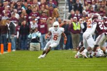 The University of Texas, Austin played Texas A&M in football at Kyle Field, College Station, on November 23, 2007.  UT lost to the Aggies, 30 to 38.

Filename: SRM_20071123_1626428.jpg
Aperture: f/5.6
Shutter Speed: 1/500
Body: Canon EOS-1D Mark II
Lens: Canon EF 300mm f/2.8 L IS