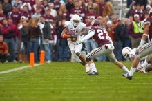 The University of Texas, Austin played Texas A&M in football at Kyle Field, College Station, on November 23, 2007.  UT lost to the Aggies, 30 to 38.

Filename: SRM_20071123_1626482.jpg
Aperture: f/5.6
Shutter Speed: 1/500
Body: Canon EOS-1D Mark II
Lens: Canon EF 300mm f/2.8 L IS