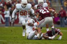 The University of Texas, Austin played Texas A&M in football at Kyle Field, College Station, on November 23, 2007.  UT lost to the Aggies, 30 to 38.

Filename: SRM_20071123_1639108.jpg
Aperture: f/5.6
Shutter Speed: 1/1000
Body: Canon EOS-1D Mark II
Lens: Canon EF 300mm f/2.8 L IS