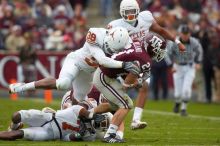 The University of Texas, Austin played Texas A&M in football at Kyle Field, College Station, on November 23, 2007.  UT lost to the Aggies, 30 to 38.

Filename: SRM_20071123_1639163.jpg
Aperture: f/5.6
Shutter Speed: 1/1000
Body: Canon EOS-1D Mark II
Lens: Canon EF 300mm f/2.8 L IS