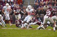 The University of Texas, Austin played Texas A&M in football at Kyle Field, College Station, on November 23, 2007.  UT lost to the Aggies, 30 to 38.

Filename: SRM_20071123_1708081.jpg
Aperture: f/5.6
Shutter Speed: 1/500
Body: Canon EOS-1D Mark II
Lens: Canon EF 300mm f/2.8 L IS