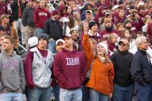 The University of Texas, Austin played Texas A&M in football at Kyle Field, College Station, on November 23, 2007.  UT lost to the Aggies, 30 to 38.

Filename: SRM_20071123_1802383.jpg
Aperture: f/2.8
Shutter Speed: 1/200
Body: Canon EOS-1D Mark II
Lens: Canon EF 80-200mm f/2.8 L