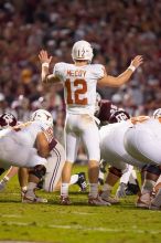 The University of Texas, Austin played Texas A&M in football at Kyle Field, College Station, on November 23, 2007.  UT lost to the Aggies, 30 to 38.

Filename: SRM_20071123_1833429.jpg
Aperture: f/2.8
Shutter Speed: 1/500
Body: Canon EOS-1D Mark II
Lens: Canon EF 300mm f/2.8 L IS