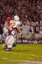 The University of Texas, Austin played Texas A&M in football at Kyle Field, College Station, on November 23, 2007.  UT lost to the Aggies, 30 to 38.

Filename: SRM_20071123_1833580.jpg
Aperture: f/2.8
Shutter Speed: 1/500
Body: Canon EOS-1D Mark II
Lens: Canon EF 300mm f/2.8 L IS