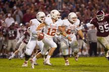 The University of Texas, Austin played Texas A&M in football at Kyle Field, College Station, on November 23, 2007.  UT lost to the Aggies, 30 to 38.

Filename: SRM_20071123_1834382.jpg
Aperture: f/2.8
Shutter Speed: 1/500
Body: Canon EOS-1D Mark II
Lens: Canon EF 300mm f/2.8 L IS