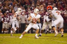 The University of Texas, Austin played Texas A&M in football at Kyle Field, College Station, on November 23, 2007.  UT lost to the Aggies, 30 to 38.

Filename: SRM_20071123_1846106.jpg
Aperture: f/2.8
Shutter Speed: 1/400
Body: Canon EOS-1D Mark II
Lens: Canon EF 300mm f/2.8 L IS