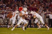 The University of Texas, Austin played Texas A&M in football at Kyle Field, College Station, on November 23, 2007.  UT lost to the Aggies, 30 to 38.

Filename: SRM_20071123_1911023.jpg
Aperture: f/2.8
Shutter Speed: 1/500
Body: Canon EOS-1D Mark II
Lens: Canon EF 300mm f/2.8 L IS