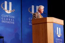 Former President Bill Clinton speaking at the CGIU meeting.  Day one of the 2nd Annual Clinton Global Initiative University (CGIU) meeting was held at The University of Texas at Austin, Friday, February 13, 2009.

Filename: SRM_20090213_16145099.jpg
Aperture: f/4.0
Shutter Speed: 1/80
Body: Canon EOS-1D Mark II
Lens: Canon EF 80-200mm f/2.8 L