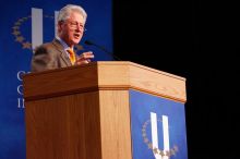 Former President Bill Clinton speaking at the CGIU meeting.  Day one of the 2nd Annual Clinton Global Initiative University (CGIU) meeting was held at The University of Texas at Austin, Friday, February 13, 2009.

Filename: SRM_20090213_16211652.jpg
Aperture: f/4.0
Shutter Speed: 1/100
Body: Canon EOS-1D Mark II
Lens: Canon EF 80-200mm f/2.8 L