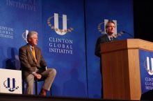 UT President William Powers Jr. speaks at the opening of the first plenary session of CGIU with Former President Bill Clinton listening.  Day one of the 2nd Annual Clinton Global Initiative University (CGIU) meeting was held at The University of Texas at Austin, Friday, February 13, 2009.

Filename: SRM_20090213_16294760.jpg
Aperture: f/4.0
Shutter Speed: 1/200
Body: Canon EOS-1D Mark II
Lens: Canon EF 80-200mm f/2.8 L