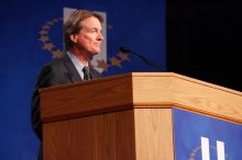 UT President William Powers Jr. speaks at the opening plenary session of the CGIU meeting.  Day one of the 2nd Annual Clinton Global Initiative University (CGIU) meeting was held at The University of Texas at Austin, Friday, February 13, 2009.

Filename: SRM_20090213_16312572.jpg
Aperture: f/4.0
Shutter Speed: 1/160
Body: Canon EOS-1D Mark II
Lens: Canon EF 80-200mm f/2.8 L