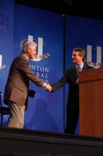 Former President Bill Clinton shakes hands with UT President William Powers Jr. after he spoke at the opening plenary session of the CGIU meeting.  Day one of the 2nd Annual Clinton Global Initiative University (CGIU) meeting was held at The University of Texas at Austin, Friday, February 13, 2009.

Filename: SRM_20090213_16354102.jpg
Aperture: f/4.0
Shutter Speed: 1/160
Body: Canon EOS-1D Mark II
Lens: Canon EF 80-200mm f/2.8 L