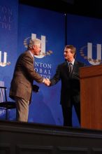 Former President Bill Clinton shakes hands with UT President William Powers Jr. after he spoke at the opening plenary session of the CGIU meeting.  Day one of the 2nd Annual Clinton Global Initiative University (CGIU) meeting was held at The University of Texas at Austin, Friday, February 13, 2009.

Filename: SRM_20090213_16354104.jpg
Aperture: f/4.0
Shutter Speed: 1/160
Body: Canon EOS-1D Mark II
Lens: Canon EF 80-200mm f/2.8 L