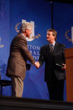 Former President Bill Clinton shakes hands with UT President William Powers Jr. after he spoke at the opening plenary session of the CGIU meeting.  Day one of the 2nd Annual Clinton Global Initiative University (CGIU) meeting was held at The University of Texas at Austin, Friday, February 13, 2009.

Filename: SRM_20090213_16354107.jpg
Aperture: f/4.0
Shutter Speed: 1/160
Body: Canon EOS-1D Mark II
Lens: Canon EF 80-200mm f/2.8 L