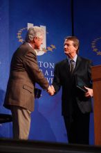 Former President Bill Clinton shakes hands with UT President William Powers Jr. after he spoke at the opening plenary session of the CGIU meeting.  Day one of the 2nd Annual Clinton Global Initiative University (CGIU) meeting was held at The University of Texas at Austin, Friday, February 13, 2009.

Filename: SRM_20090213_16354208.jpg
Aperture: f/4.0
Shutter Speed: 1/160
Body: Canon EOS-1D Mark II
Lens: Canon EF 80-200mm f/2.8 L