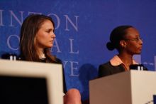 Natalie Portman (L) and Mambidzeni Madzivire (R), BME graduate student at Mayo Graduate School, at the first plenary session of the CGIU meeting.  Day one of the 2nd Annual Clinton Global Initiative University (CGIU) meeting was held at The University of Texas at Austin, Friday, February 13, 2009.

Filename: SRM_20090213_16533819.jpg
Aperture: f/4.0
Shutter Speed: 1/250
Body: Canon EOS-1D Mark II
Lens: Canon EF 80-200mm f/2.8 L