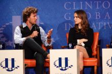 Blake Mycoskie (L), founder of TOMS shoes, and Natalie Portman (R) at the first plenary session of the CGIU meeting.  Day one of the 2nd Annual Clinton Global Initiative University (CGIU) meeting was held at The University of Texas at Austin, Friday, February 13, 2009.

Filename: SRM_20090213_17161705.jpg
Aperture: f/5.6
Shutter Speed: 1/200
Body: Canon EOS-1D Mark II
Lens: Canon EF 300mm f/2.8 L IS