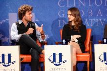 Blake Mycoskie (L), founder of TOMS shoes, and Natalie Portman (R) at the first plenary session of the CGIU meeting.  Day one of the 2nd Annual Clinton Global Initiative University (CGIU) meeting was held at The University of Texas at Austin, Friday, February 13, 2009.

Filename: SRM_20090213_17162207.jpg
Aperture: f/5.6
Shutter Speed: 1/160
Body: Canon EOS-1D Mark II
Lens: Canon EF 300mm f/2.8 L IS