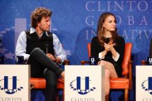 Blake Mycoskie (L), founder of TOMS shoes, and Natalie Portman (R) at the first plenary session of the CGIU meeting.  Day one of the 2nd Annual Clinton Global Initiative University (CGIU) meeting was held at The University of Texas at Austin, Friday, February 13, 2009.

Filename: SRM_20090213_17164018.jpg
Aperture: f/5.6
Shutter Speed: 1/200
Body: Canon EOS-1D Mark II
Lens: Canon EF 300mm f/2.8 L IS