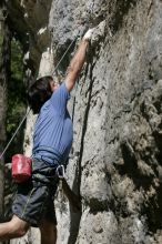 Javier Morales on the dyno while leading Lick the Window (5.10c).  It was another long day of rock climbing at Seismic Wall on Austin's Barton Creek Greenbelt, Sunday, April 5, 2009.

Filename: SRM_20090405_11452775.jpg
Aperture: f/5.6
Shutter Speed: 1/500
Body: Canon EOS-1D Mark II
Lens: Canon EF 80-200mm f/2.8 L