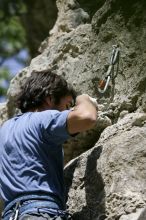 Javier Morales on the dyno while leading Lick the Window (5.10c).  It was another long day of rock climbing at Seismic Wall on Austin's Barton Creek Greenbelt, Sunday, April 5, 2009.

Filename: SRM_20090405_11463377.jpg
Aperture: f/4.0
Shutter Speed: 1/500
Body: Canon EOS-1D Mark II
Lens: Canon EF 80-200mm f/2.8 L