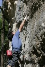 Javier Morales on the dyno while leading Lick the Window (5.10c).  It was another long day of rock climbing at Seismic Wall on Austin's Barton Creek Greenbelt, Sunday, April 5, 2009.

Filename: SRM_20090405_11483779.jpg
Aperture: f/5.6
Shutter Speed: 1/500
Body: Canon EOS-1D Mark II
Lens: Canon EF 80-200mm f/2.8 L