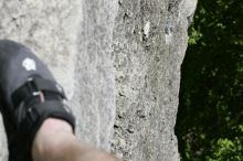 My right foot, as I hang from the top of Ack! (5.11b, but using the crack for the start instead) after top roping it with my camera on my back.  It was another long day of rock climbing at Seismic Wall on Austin's Barton Creek Greenbelt, Sunday, April 5, 2009.

Filename: SRM_20090405_12591992.jpg
Aperture: f/9.0
Shutter Speed: 1/400
Body: Canon EOS-1D Mark II
Lens: Canon EF 80-200mm f/2.8 L