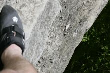 My right foot, as I hang from the top of Ack! (5.11b, but using the crack for the start instead) after top roping it with my camera on my back.  It was another long day of rock climbing at Seismic Wall on Austin's Barton Creek Greenbelt, Sunday, April 5, 2009.

Filename: SRM_20090405_12593893.jpg
Aperture: f/14.0
Shutter Speed: 1/400
Body: Canon EOS-1D Mark II
Lens: Canon EF 80-200mm f/2.8 L