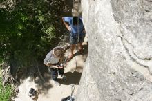 Andrew Dreher getting ready to climb Lick the Window (5.10c) with Javier Morales belaying, shot from the top of Ack! (5.11b, but using the crack for the start instead) that I top roped up with my camera on my back.  It was another long day of rock climbing at Seismic Wall on Austin's Barton Creek Greenbelt, Sunday, April 5, 2009.

Filename: SRM_20090405_13134302.jpg
Aperture: f/10.0
Shutter Speed: 1/400
Body: Canon EOS-1D Mark II
Lens: Canon EF 80-200mm f/2.8 L