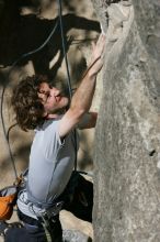 Andrew Dreher attempting the dyno while leading Lick the Window (5.10c), shot from the top of Ack! (5.11b, but using the crack for the start instead) that I top roped up with my camera on my back.  It was another long day of rock climbing at Seismic Wall on Austin's Barton Creek Greenbelt, Sunday, April 5, 2009.

Filename: SRM_20090405_13155910.jpg
Aperture: f/10.0
Shutter Speed: 1/500
Body: Canon EOS-1D Mark II
Lens: Canon EF 80-200mm f/2.8 L