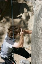 Andrew Dreher attempting the dyno while leading Lick the Window (5.10c), shot from the top of Ack! (5.11b, but using the crack for the start instead) that I top roped up with my camera on my back.  It was another long day of rock climbing at Seismic Wall on Austin's Barton Creek Greenbelt, Sunday, April 5, 2009.

Filename: SRM_20090405_13155913.jpg
Aperture: f/8.0
Shutter Speed: 1/500
Body: Canon EOS-1D Mark II
Lens: Canon EF 80-200mm f/2.8 L