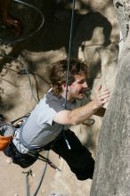 Andrew Dreher attempting the dyno while leading Lick the Window (5.10c), shot from the top of Ack! (5.11b, but using the crack for the start instead) that I top roped up with my camera on my back.  It was another long day of rock climbing at Seismic Wall on Austin's Barton Creek Greenbelt, Sunday, April 5, 2009.

Filename: SRM_20090405_13163018.jpg
Aperture: f/9.0
Shutter Speed: 1/500
Body: Canon EOS-1D Mark II
Lens: Canon EF 80-200mm f/2.8 L