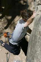 Andrew Dreher attempting the dyno while leading Lick the Window (5.10c), shot from the top of Ack! (5.11b, but using the crack for the start instead) that I top roped up with my camera on my back.  It was another long day of rock climbing at Seismic Wall on Austin's Barton Creek Greenbelt, Sunday, April 5, 2009.

Filename: SRM_20090405_13170827.jpg
Aperture: f/10.0
Shutter Speed: 1/500
Body: Canon EOS-1D Mark II
Lens: Canon EF 80-200mm f/2.8 L