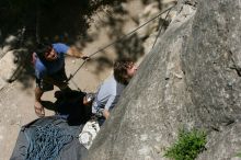 Andrew Dreher attempting the dyno while leading Lick the Window (5.10c) with Javier Morales belaying, shot from the top of Ack! (5.11b, but using the crack for the start instead) that I top roped up with my camera on my back.  It was another long day of rock climbing at Seismic Wall on Austin's Barton Creek Greenbelt, Sunday, April 5, 2009.

Filename: SRM_20090405_13212137.jpg
Aperture: f/11.0
Shutter Speed: 1/500
Body: Canon EOS-1D Mark II
Lens: Canon EF 80-200mm f/2.8 L