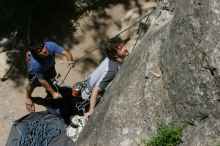 Andrew Dreher attempting the dyno while leading Lick the Window (5.10c) with Javier Morales belaying, shot from the top of Ack! (5.11b, but using the crack for the start instead) that I top roped up with my camera on my back.  It was another long day of rock climbing at Seismic Wall on Austin's Barton Creek Greenbelt, Sunday, April 5, 2009.

Filename: SRM_20090405_13212138.jpg
Aperture: f/13.0
Shutter Speed: 1/500
Body: Canon EOS-1D Mark II
Lens: Canon EF 80-200mm f/2.8 L