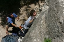 Andrew Dreher attempting the dyno while leading Lick the Window (5.10c) with Javier Morales belaying, shot from the top of Ack! (5.11b, but using the crack for the start instead) that I top roped up with my camera on my back.  It was another long day of rock climbing at Seismic Wall on Austin's Barton Creek Greenbelt, Sunday, April 5, 2009.

Filename: SRM_20090405_13212139.jpg
Aperture: f/11.0
Shutter Speed: 1/500
Body: Canon EOS-1D Mark II
Lens: Canon EF 80-200mm f/2.8 L