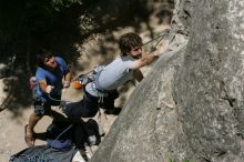 Andrew Dreher attempting the dyno while leading Lick the Window (5.10c) with Javier Morales belaying, shot from the top of Ack! (5.11b, but using the crack for the start instead) that I top roped up with my camera on my back.  It was another long day of rock climbing at Seismic Wall on Austin's Barton Creek Greenbelt, Sunday, April 5, 2009.

Filename: SRM_20090405_13212142.jpg
Aperture: f/11.0
Shutter Speed: 1/500
Body: Canon EOS-1D Mark II
Lens: Canon EF 80-200mm f/2.8 L