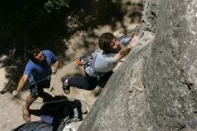 Andrew Dreher attempting the dyno while leading Lick the Window (5.10c) with Javier Morales belaying, shot from the top of Ack! (5.11b, but using the crack for the start instead) that I top roped up with my camera on my back.  It was another long day of rock climbing at Seismic Wall on Austin's Barton Creek Greenbelt, Sunday, April 5, 2009.

Filename: SRM_20090405_13212245.jpg
Aperture: f/11.0
Shutter Speed: 1/500
Body: Canon EOS-1D Mark II
Lens: Canon EF 80-200mm f/2.8 L