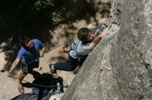 Andrew Dreher attempting the dyno while leading Lick the Window (5.10c) with Javier Morales belaying, shot from the top of Ack! (5.11b, but using the crack for the start instead) that I top roped up with my camera on my back.  It was another long day of rock climbing at Seismic Wall on Austin's Barton Creek Greenbelt, Sunday, April 5, 2009.

Filename: SRM_20090405_13212246.jpg
Aperture: f/11.0
Shutter Speed: 1/500
Body: Canon EOS-1D Mark II
Lens: Canon EF 80-200mm f/2.8 L