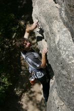 Andrew Dreher leading Lick the Window (5.10c), shot from the top of Ack! (5.11b, but using the crack for the start instead) that I top roped up with my camera on my back.  It was another long day of rock climbing at Seismic Wall on Austin's Barton Creek Greenbelt, Sunday, April 5, 2009.

Filename: SRM_20090405_13215965.jpg
Aperture: f/11.0
Shutter Speed: 1/500
Body: Canon EOS-1D Mark II
Lens: Canon EF 80-200mm f/2.8 L