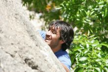 Javier Morales leading Nose Print on the Windshield (5.11c), shot from the top of Ack! (5.11b, but using the crack for the start instead) that I top roped up with my camera on my back.  It was another long day of rock climbing at Seismic Wall on Austin's Barton Creek Greenbelt, Sunday, April 5, 2009.

Filename: SRM_20090405_13320054.jpg
Aperture: f/6.3
Shutter Speed: 1/500
Body: Canon EOS-1D Mark II
Lens: Canon EF 80-200mm f/2.8 L