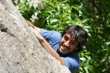 Javier Morales leading Nose Print on the Windshield (5.11c), shot from the top of Ack! (5.11b, but using the crack for the start instead) that I top roped up with my camera on my back.  It was another long day of rock climbing at Seismic Wall on Austin's Barton Creek Greenbelt, Sunday, April 5, 2009.

Filename: SRM_20090405_13321159.jpg
Aperture: f/8.0
Shutter Speed: 1/500
Body: Canon EOS-1D Mark II
Lens: Canon EF 80-200mm f/2.8 L