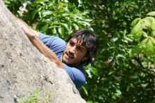 Javier Morales leading Nose Print on the Windshield (5.11c), shot from the top of Ack! (5.11b, but using the crack for the start instead) that I top roped up with my camera on my back.  It was another long day of rock climbing at Seismic Wall on Austin's Barton Creek Greenbelt, Sunday, April 5, 2009.

Filename: SRM_20090405_13321261.jpg
Aperture: f/8.0
Shutter Speed: 1/500
Body: Canon EOS-1D Mark II
Lens: Canon EF 80-200mm f/2.8 L